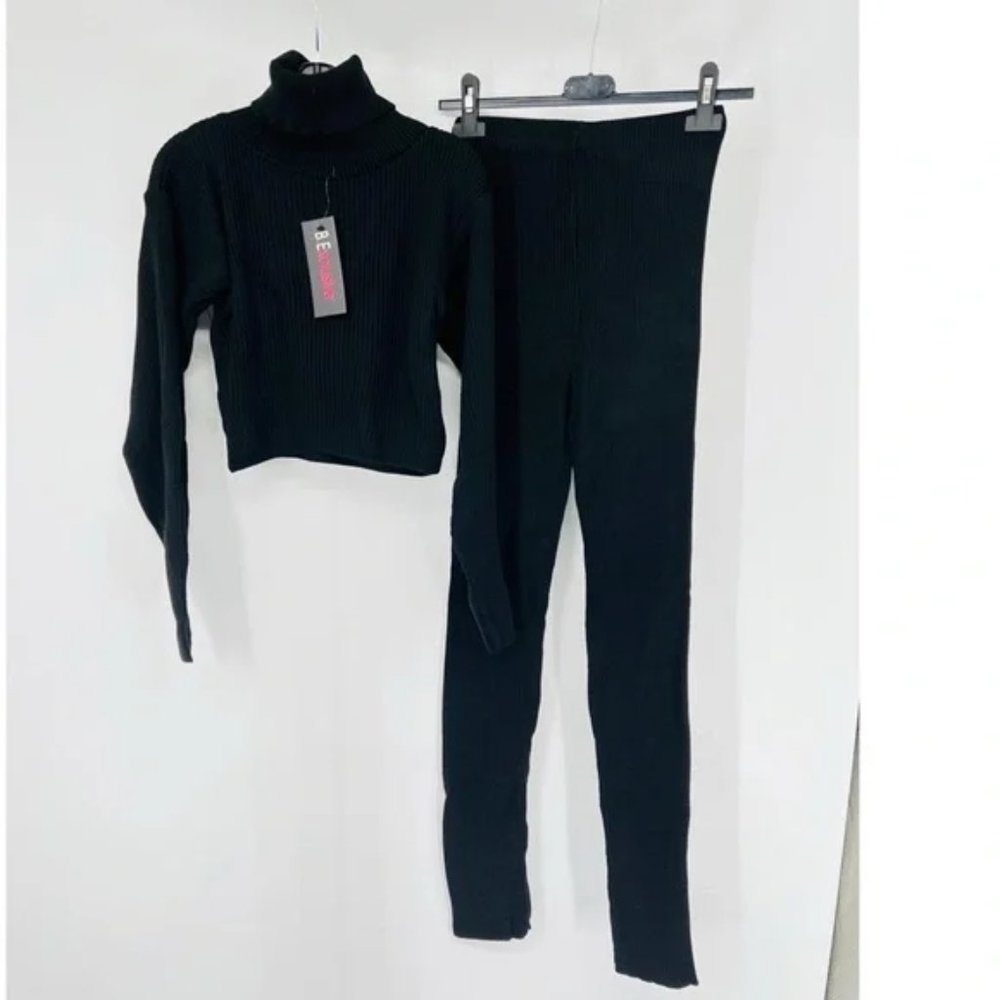 Black Knitted Long Sleeve Turtle Neck Sweater Crop Top and Pants Two Piece Set - Picture 9 of 17